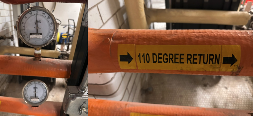 Temperature gauge and hot water piping.